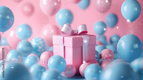 Gift box on a background of balloons. Color pink, blue, white. Delicate background for text -03