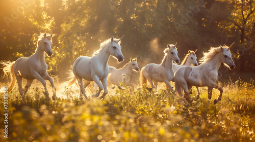 A group of playful unicorn colts frolicking in a sun-dappled clearing photo