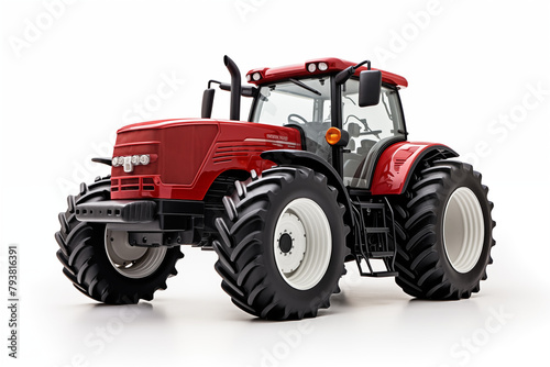 Agricultural red tractor on white background. Topics related to agriculture. Topics related to the agricultural world. Image for graphic designer. Agricultural job offer. Organic farming.