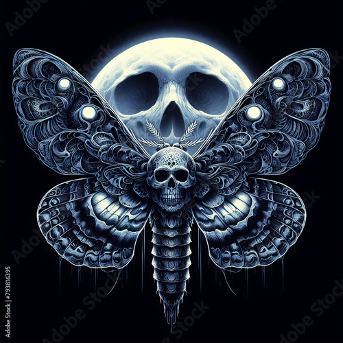 skull moth against a skull moon on black background - illustration - generative ai photo