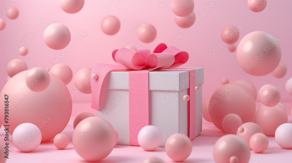 Gift box on a background of balloons. Color pink, white. Delicate background for text -02
