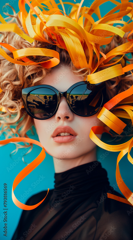 a woman with curly blond hair and wearing black sunglasses Her hair is decorated with yellow and orange strips of paper