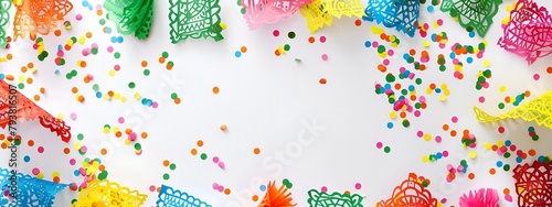 Frame of colorful perforated napkins and decor on white background, Cinco de Mayo celebration concept and birthdays, free space photo