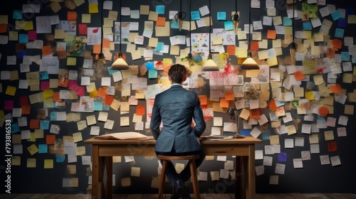 Person sitting at desk with wall of colorful sticky notes in front