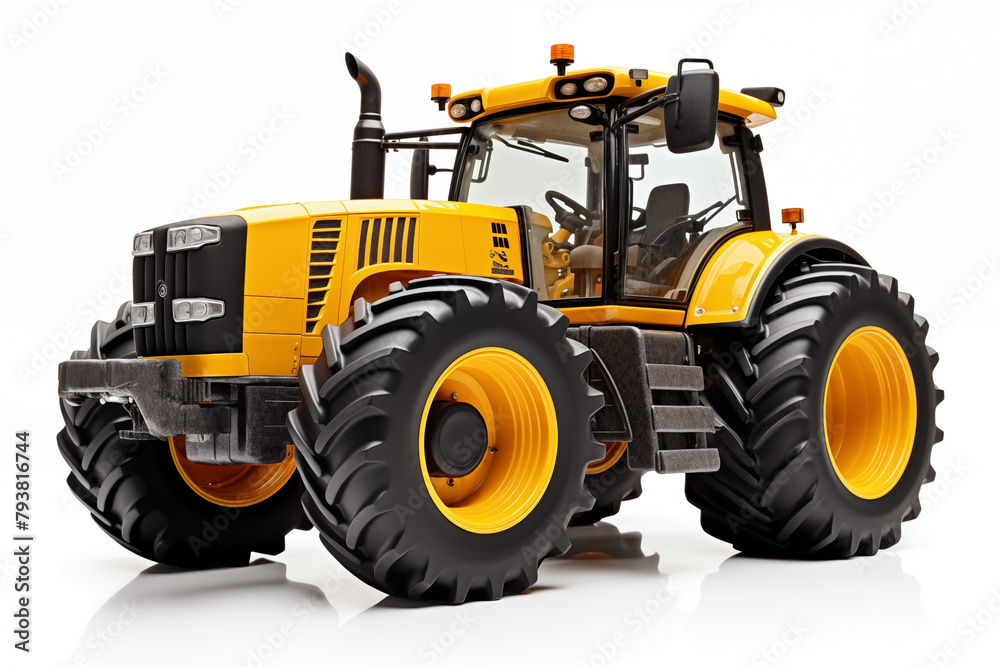 Obraz premium Agricultural yellow tractor on white background. Topics related to agriculture. Topics related to the agricultural world. Image for graphic designer. Agricultural job offer. Organic farming.