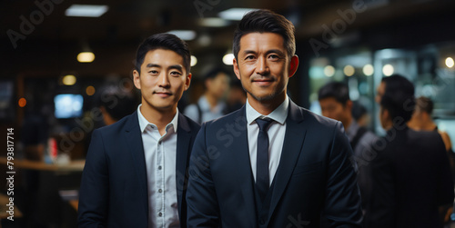 Portrait of two asian businessman. Employees in suits in modern office. Smiling male office workers looking at camera in workplace meeting area.