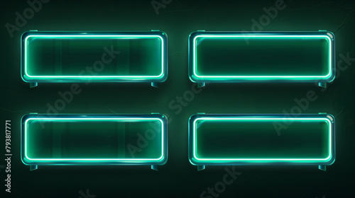 Four horizontal neon signs glowing against dark background.