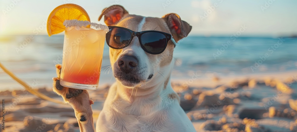 A carnivore companion dog in sunglasses holds a juice on the beach