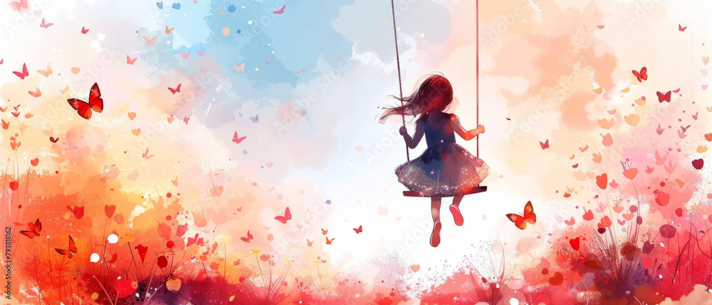 Naklejka premium Watercolor painting of a cute princess swinging with butterflies, creating a whimsical and enchanting scene.