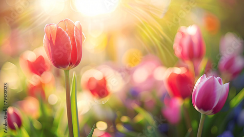 Closeup of red and pink Tulip flower under sunlight 