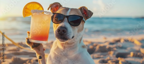 A carnivore companion dog in sunglasses holds a juice on the beach © Mari