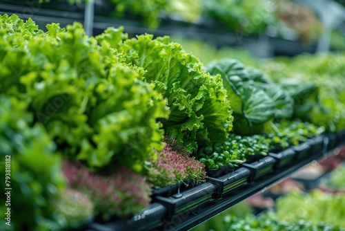 An urban vertical farm with hydroponic racks, nutrient monitoring systems, and climatecontrolled growth environments  photo