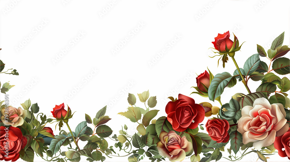 watercolor red roses. floral illustration background, Botanic composition for wedding, greeting card. branch of flowers