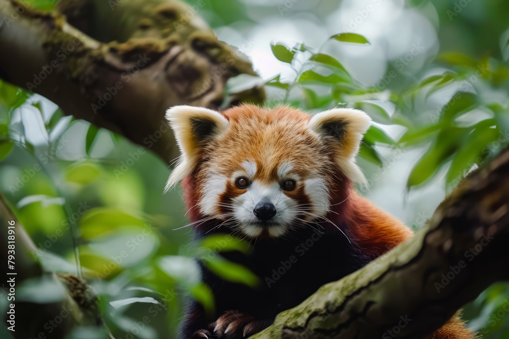 Obraz premium Red Panda on tree branch in forest habitat. Endangered animal in wildlife. Cute lazy bear with funny muzzle