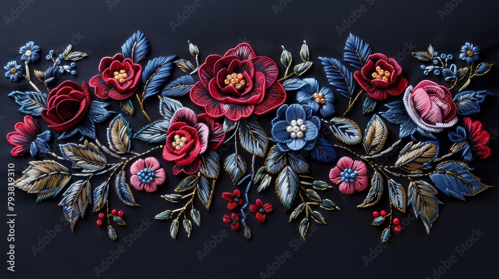 Fototapeta premium Embroidered pattern with roses on satin stitch. Fashion ornament for neck. Black background with ethnic fashion motif.