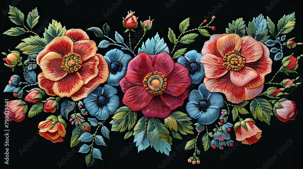 Fototapeta premium This embroidery design features roses in satin stitch. Folk line floral trendy pattern for dress collars. Ethnic fashion ornament for necks in black.