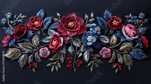 Embroidered pattern with roses on satin stitch. Fashion ornament for neck. Black background with ethnic fashion motif.