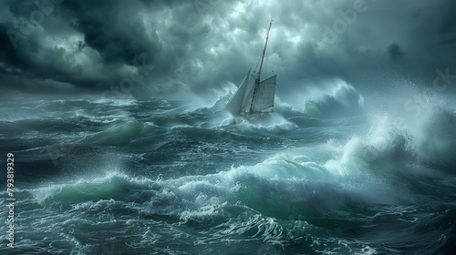 Sailing ship braving tumultuous sea and stormy skies photo