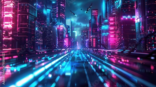 Futuristic cyber city  future technology  flying cars  glowing neon lights  very advanced appearance  lights  speed images