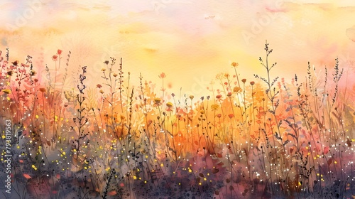 Warm Autumn Meadow Sunset Landscape Watercolor Painting