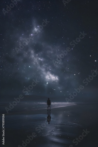 Solitary Figure Dwarfed by the Magnificence of the Milky Way on a Serene Beachscape at Nightfall