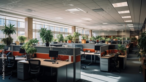 An office space teeming with desks and lush plants, creating a harmonious and productive environment