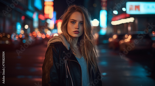 portrait of a beautiful woman, on dowtown city street neon lights at night, dramatic lighting