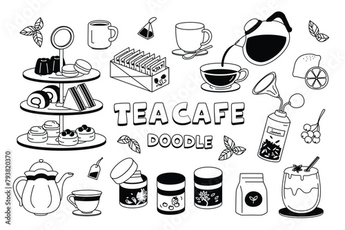 Doodle Tea Cafe. vector outline hand drawn cafe shop for menu and decoration.