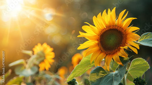 Closeup of Sunflower flower with green leaf under sunlight