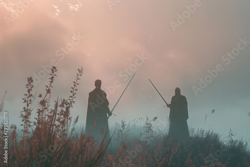 Two gentlemen with swords in a field with fog photo