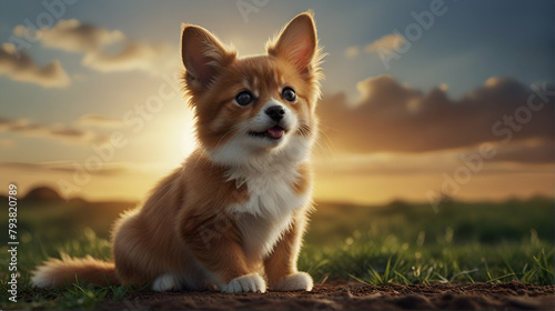 dog on the grass  Cute Welsh corgi puppy sitting outdoor in summer  Pomeranian pets  pets puppy  smiling dogs  happy Puppy Welsh Corgi  pets animals .Genrative.ai 