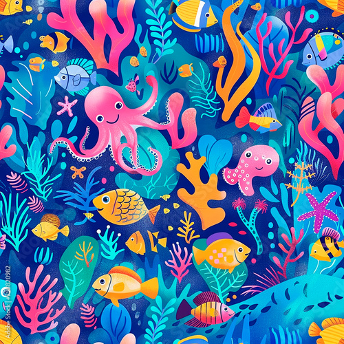 Colorful underwater sea life with a variety of marine animals and plants