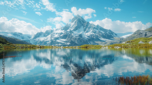 A picturesque scene of a snow-capped mountain reflected in a crystal-clear lake, surrounded by untouched wilderness.