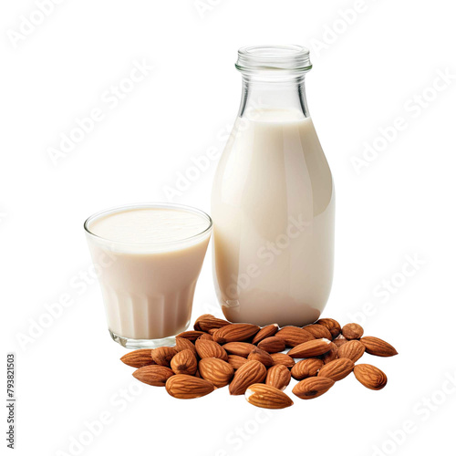  Almond milk in a glass with almonds   isolated on transparent background.