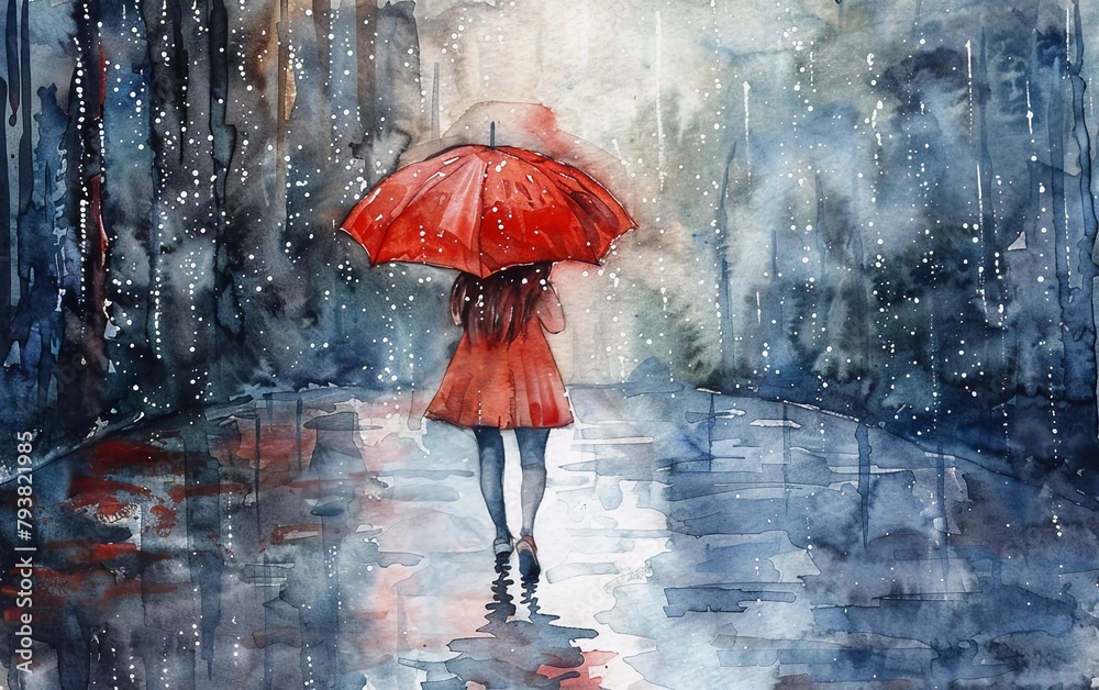 Rain, beautiful woman with umbrella. Watercolor