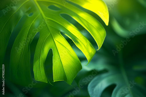 Close up of a large green monstera leaf in sunlight hi-res wallpaper background