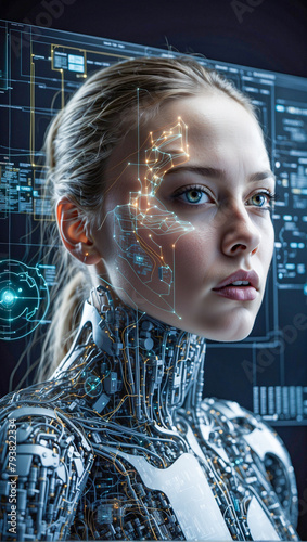 Analyze and visualize complex information on a virtual screen using AI to process data. Big data technology and data science. Data flow. Artificial intelligence