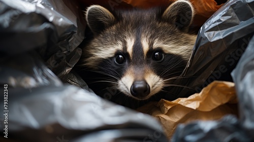 A raccoon peers out from a mound of garbage, its masked face curious and cautious photo