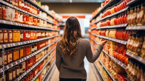 A woman carefully examines different canned food items on a grocery store shelf photo