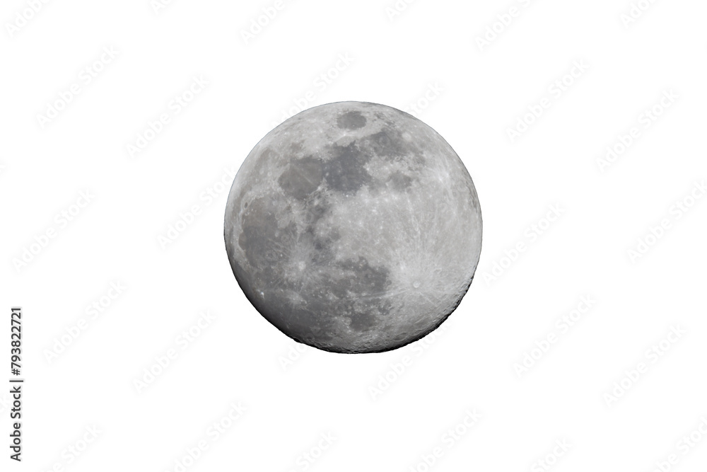 Photograph of the full moon in which you can see the craters and asteroid impacts. The photo was taken with a telescope and a camera.Transparent background