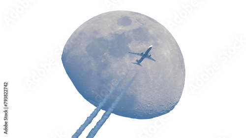 A plane crosses in front of the moon, its fuel vapor trail can be seen in the sky. Crescent moon during sunset with transparent background. Photograph taken with telescope and camera