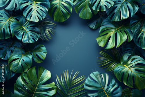 Blue backdrop with green Monstera leaves and copy space in the middle 8k wallpaper background
