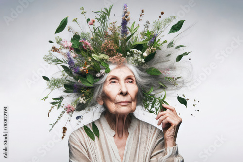 old woman with herbs and flowers on her head flying out of her hair on a white background photo