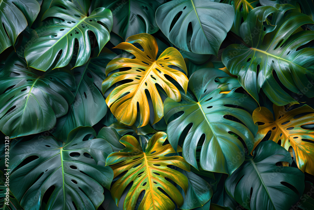Cluster of green and yellow Monstera leaves 8k wallpaper background Cluster of green and yellow Monstera leaves 8k wallpaper background