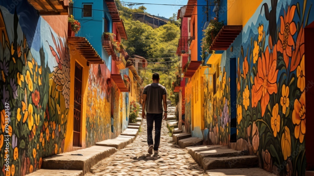A man calmly walks down a quaint, narrow street lined with old buildings