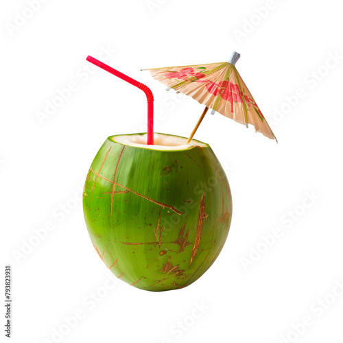 Tropical cocktail in coconut with red straw and umbrella. Isolated on transparent background.