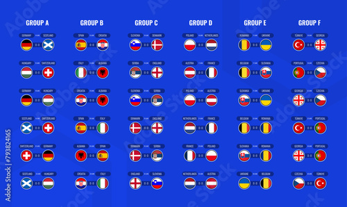 European Football Championship 2024 in Germany. Groups and matches. Match schedule table by a groups. Vector illustration photo