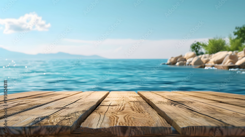 Serene wooden dock by the sea, blue ocean in the background, in a sunny day in summer holiday with copy space