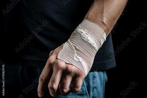 Generated AI image of post surgery bandaged male hand © Tetiana