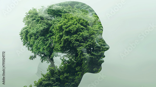 head of a person with trees double exposure on green background 